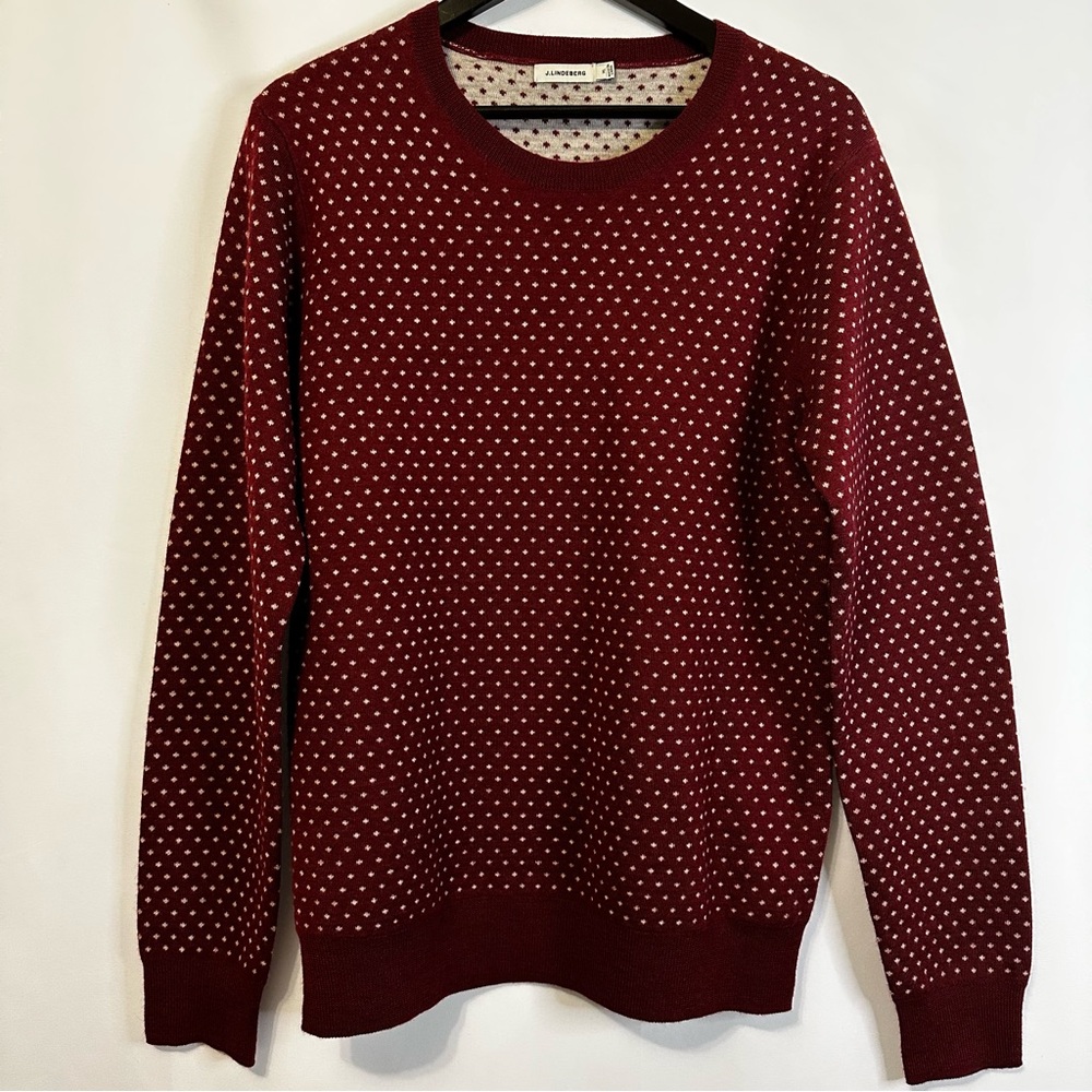J. Lindeberg Sweater Mens XL Burgundy Gray Vern Dot Jacquard LS 100 Merino Wool